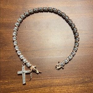 Rhinestone Tennis Bracelet with Cross Charm - Rose Gold Tone